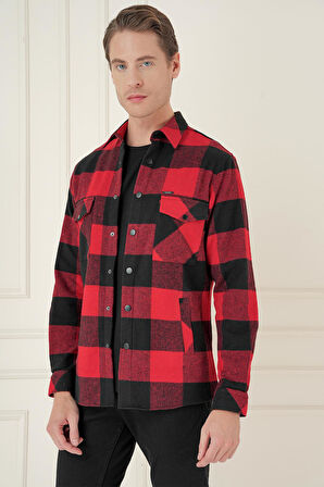 G 1579 Slim Fit Kırmızı-Siyah Klasik Gömlek