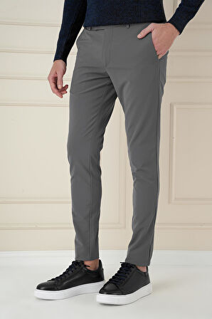 Slim Fit Yan Cepli Düz Esnek Casual Füme Pantolon P 1144