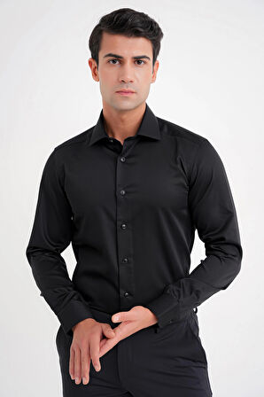 Slim Fit %100 Pamuk Non Iron Kumaş Klasik Siyah Gömlek Gk 734