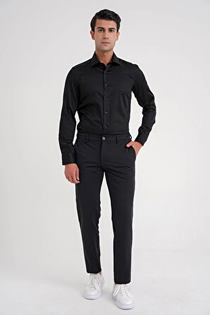 Slim Fit %100 Pamuk Non Iron Kumaş Klasik Siyah Gömlek Gk 734