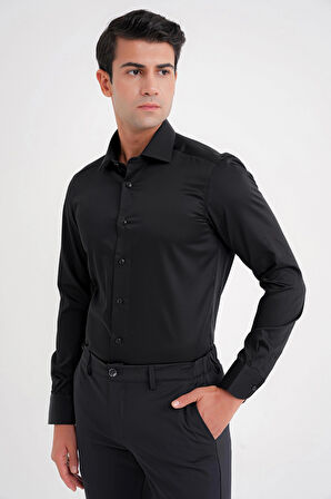 Slim Fit %100 Pamuk Non Iron Kumaş Klasik Siyah Gömlek Gk 734