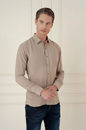 Gk 743 Slim Fit %100 Modal Uzun Kol Klasik Bej Gömlek 
