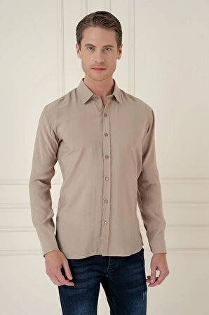 Gk 743 Slim Fit %100 Modal Uzun Kol Klasik Bej Gömlek 