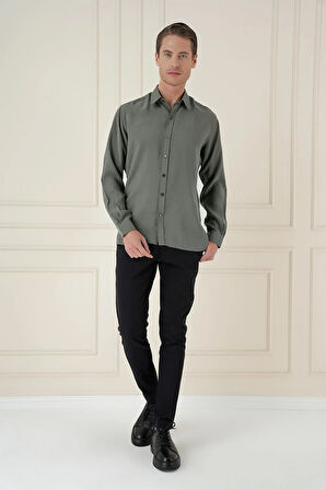 Gk 743 Slim Fit %100 Modal Uzun Kol Klasik Haki Gömlek 