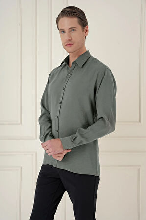 Gk 743 Slim Fit %100 Modal Uzun Kol Klasik Haki Gömlek 