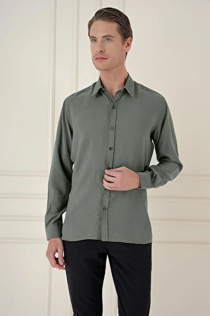 Gk 743 Slim Fit %100 Modal Uzun Kol Klasik Haki Gömlek 