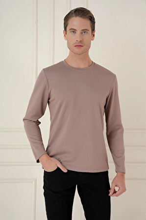 Ts 892 Comfort Fit Bisiklet Yaka Uzun Kol Casuel Vizon Tişört