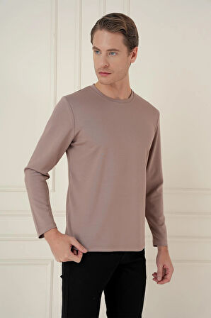 Ts 892 Comfort Fit Bisiklet Yaka Uzun Kol Casuel Vizon Tişört