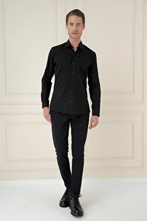 Gk 745 Slim Fit Pamuk Uzun Kol Klasik Siyah Gömlek 