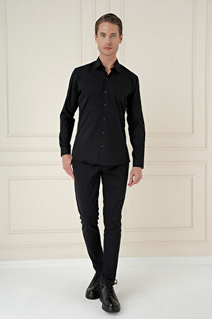 Gk 745 Slim Fit Pamuk Uzun Kol Klasik Siyah Gömlek 