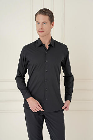 Gk 745 Slim Fit Pamuk Uzun Kol Klasik Siyah Gömlek 