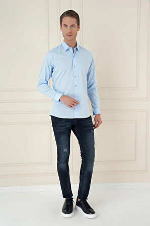 Gk 745 Slim Fit Pamuk Uzun Kol Klasik Mavi Gömlek 