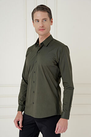 Gk 745 Slim Fit Pamuk Uzun Kol Klasik Haki Gömlek 