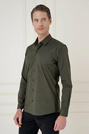 Gk 745 Slim Fit Pamuk Uzun Kol Klasik Haki Gömlek 