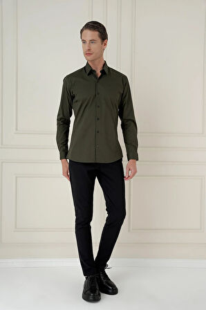 Gk 745 Slim Fit Pamuk Uzun Kol Klasik Haki Gömlek 