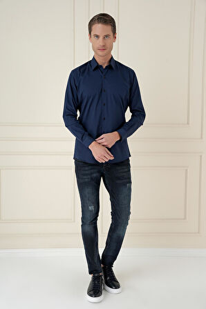 Gk 745 Slim Fit Pamuk Uzun Kol Klasik Lacivert Gömlek 