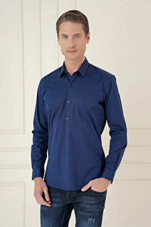 Gk 745 Slim Fit Pamuk Uzun Kol Klasik Lacivert Gömlek 