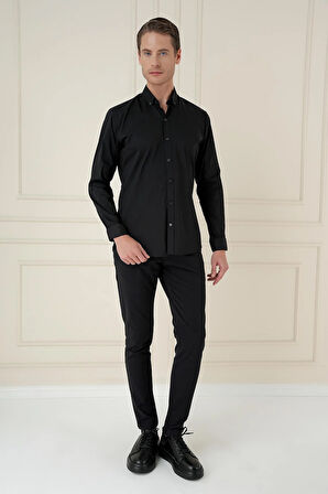 Gk 746 Slim Fit Düğmeli Yaka Esnek Klasik Siyah Gömlek 