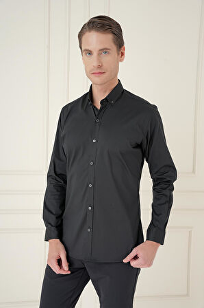 Gk 746 Slim Fit Düğmeli Yaka Esnek Klasik Siyah Gömlek 