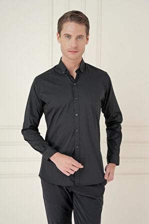 Gk 746 Slim Fit Düğmeli Yaka Esnek Klasik Siyah Gömlek 