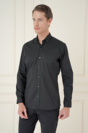 Gk 746 Slim Fit Düğmeli Yaka Esnek Klasik Siyah Gömlek 