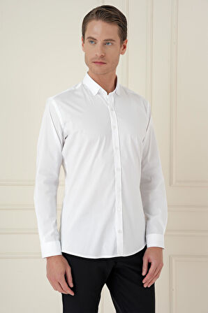 Gk 746 Slim Fit Düğmeli Yaka Esnek Klasik Beyaz Gömlek 