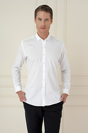 Gk 746 Slim Fit Düğmeli Yaka Esnek Klasik Beyaz Gömlek 