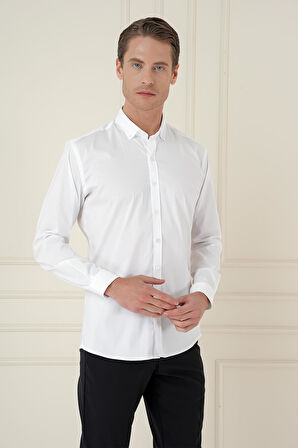 Gk 746 Slim Fit Düğmeli Yaka Esnek Klasik Beyaz Gömlek 
