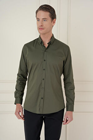 Gk 746 Slim Fit Düğmeli Yaka Esnek Klasik Haki Gömlek 