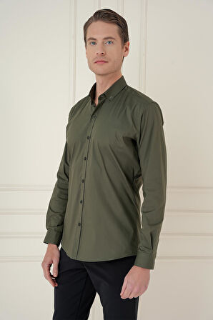 Gk 746 Slim Fit Düğmeli Yaka Esnek Klasik Haki Gömlek 