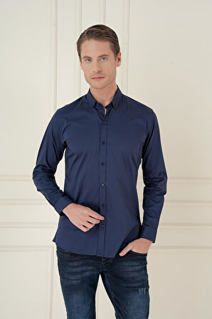 Gk 746 Slim Fit Düğmeli Yaka Esnek Klasik Lacivert Gömlek 