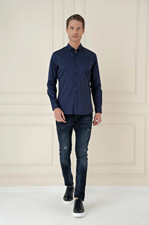 Gk 746 Slim Fit Düğmeli Yaka Esnek Klasik Lacivert Gömlek 
