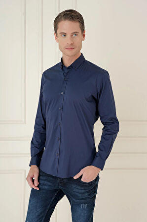 Gk 746 Slim Fit Düğmeli Yaka Esnek Klasik Lacivert Gömlek 