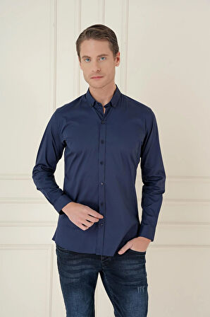 Gk 746 Slim Fit Düğmeli Yaka Esnek Klasik Lacivert Gömlek 