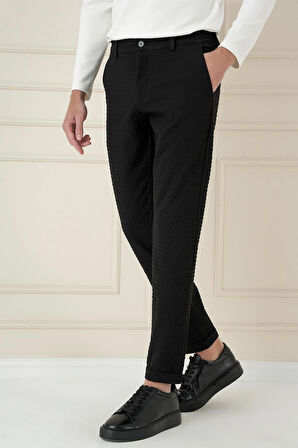 Slim Fit Waffle Kumaş Esnek Pamuk Siyah Pantolon P 1168
