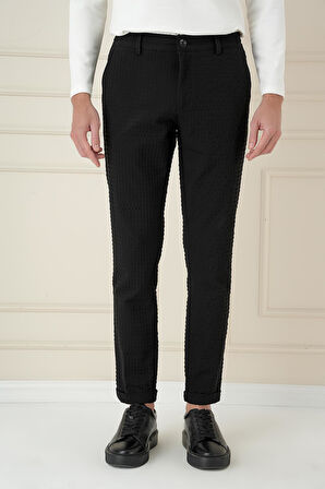 Slim Fit Waffle Kumaş Esnek Pamuk Siyah Pantolon P 1168