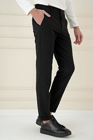 Slim Fit Waffle Kumaş Esnek Pamuk Siyah Pantolon P 1168