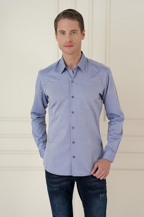 Gk 749 Slim Fit %100 Pamuk Uzun Kol Dokulu Klasik İndigo Gömlek 