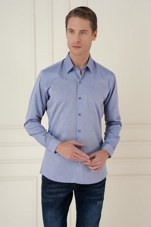 Gk 749 Slim Fit %100 Pamuk Uzun Kol Dokulu Klasik İndigo Gömlek 