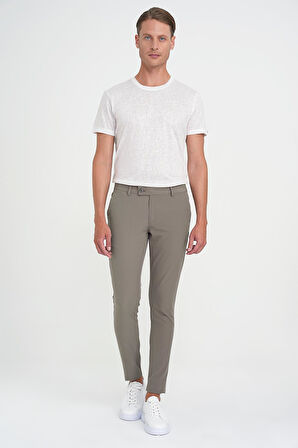 Slim Fit Yan Cepli Düz Esnek Casual Vizon Pantolon P 1144