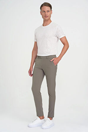 Slim Fit Yan Cepli Düz Esnek Casual Vizon Pantolon P 1144