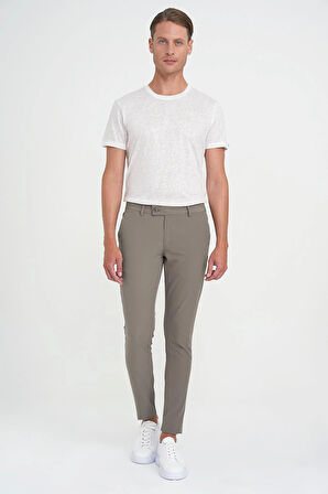 Slim Fit Yan Cepli Düz Esnek Casual Vizon Pantolon P 1144