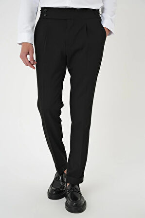 P 1170 Comfort Fit Beli Tokalı Pileli Siyah Jogger Pantolon