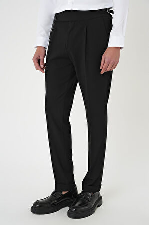 P 1170 Comfort Fit Beli Tokalı Pileli Siyah Jogger Pantolon