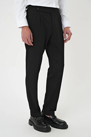 P 1170 Comfort Fit Beli Tokalı Pileli Siyah Jogger Pantolon