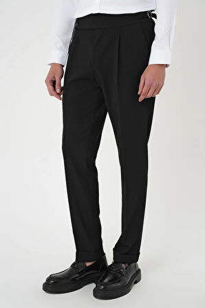P 1170 Comfort Fit Beli Tokalı Pileli Siyah Jogger Pantolon
