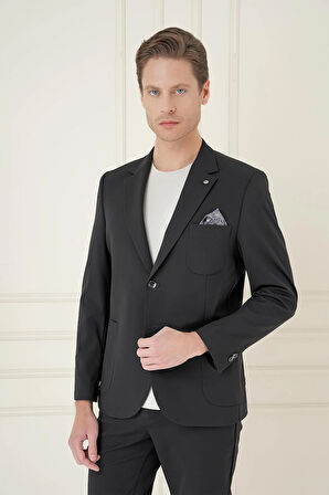 C 697 Slim Fit Mono Yaka Çift Yırtmaç Torba Cep Casual Siyah Ceket