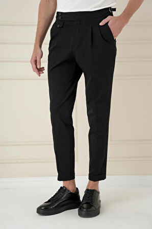 P 1172 Comfort Fit Beli Tokalı Çift Pileli Siyah Jogger Pantolon