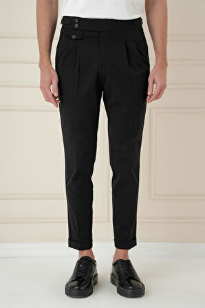 P 1172 Comfort Fit Beli Tokalı Çift Pileli Siyah Jogger Pantolon