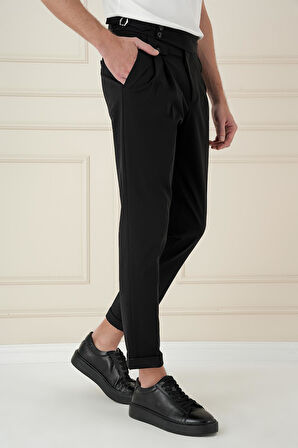 P 1172 Comfort Fit Beli Tokalı Çift Pileli Siyah Jogger Pantolon